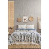 Layan Home 4 Katlı %100 Pamuk Müslin Çift Kişilik Yatak Örtüsü & Pike – Gül Desen - Mavi - 240 x 260 cm