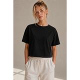 LAYKRA Kadın Crop Tişört Bisiklet Yaka Kısa Kol Siyah T-Shirt