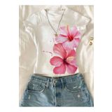 LAYORA Beyaz Hibiskus Çiçek Desenli Kadın Crop Tişört