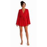 Layra Kadın Ekru Müslin Kimono Bornoz – Kuşaklı, Püskül Detaylı, Oversize Rahat Kesim Plaj & Ev Giyim Kırmızı S/M