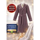 Layvera Bornoz Pamuk-Kapüşonlu-Biyeli-Cepli-Mürdüm - S