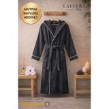 Layvera Erkek-Kadın Antrasit Bornoz | %100 Pamuk-Kapüşonlu-Biyeli-Cepli-Siyah - 3XL