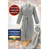 Layvera Erkek-Kadın Bornoz Gri %100 Pamuk Bornoz | Greek Desen-Krem-Cepli - 3XL
