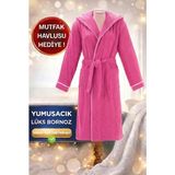Layvera Fuşya Kadın Bornoz | %100 Pamuk-Kapüşonlu-Biyeli-Cepli-Fuşya - 2XL - Kırmızı