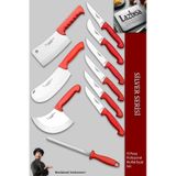 Lazbisa MFP-001 Silver Pro Serisi Mutfak Bıçak Seti 10 Parça Et Ekmek Sebze Soğan Börek Bıçağı Satırı Kırmızı