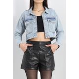 Lazer Kesim Crop Kot Ceket Buzmavi - 23145.1900. - Buz Mavisi