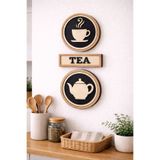 Lazer X Design Tea Yazılı Ahşap Duvar Dekoru 3’lü Set | Mutfak Çay Temalı Süs | Çok Katmanlı Dekoratif Tablo