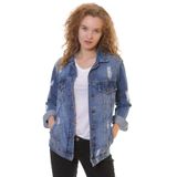 Lazer Yırtıklı ve Klasik Yakalı Uzun Kollu Cepli Klasik Kadın Kot Ceket Koyu Mavi Denim Dört Mevsim