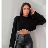 Lb Kadın Siyah Beli Zincir Ve Taş Detaylı Crop Triko Kazak Bluz