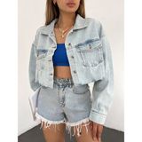 Lb Laluna Butik Kadın Crop Kesim Oversize Kalıp Denim Ceket Mavi %80 Pamuk Malzeme