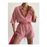LB Laluna Butik Kadın Gül Kurusu Keten Kumaş Oversize Gömlek Şort Takımı
