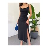 LB Laluna Butik Kadın Ince Askılı Yandan Yırtmaçlı Uzun Elbise Dökümlü Kumaş