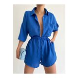 LB Laluna Butik Kadın Mavi Keten Kumaş Oversize Gömlek Şort Takımı