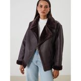 LC Waikiki Classic Loose/bol Kesin Kahverengi Kürk Yaka Peluş Astar Deri Görünümlü Kadın Mont - 42