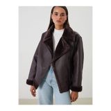 LC Waikiki Classic Loose/Bol Kesin Kahverengi Kürk Yaka Peluş Astar Deri Görünümlü Kadın Mont