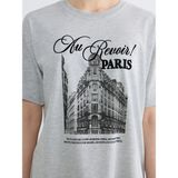 LC Waikiki Gri Paris Baskılı Oversize Kadın Tişört - M