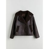 LC Waikiki Kahverengi Biker Yaka Oversize Kadın Süet Mont - 42 - Beyaz