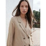 LC Waikiki Kahverengi Kruvaze Yaka Çizgili Kadın Blazer Ceket - 42