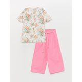 LC Waikiki Kids Bebe Yaka Desenli Kısa Kollu Kız Çocuk Gömlek ve Pantolon - 5 - 6 Yaş - Ekru