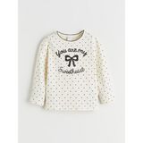 LC Waikiki Kids Ekru Bisiklet Yaka Kurdele Baskılı Kız Çocuk Tişört - 5 - 6 Yaş
