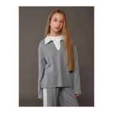 LC Waikiki Kids Gri Polo Yaka Pamuklu İnterlok Kumaş Çizgili Kız Çocuk Sweatshirt Ve Tayt Takım