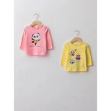 LC Waikiki Lcw Eco Pembe Bisiklet Yaka Uzun Kollu Baskılı Pamuklu Kız Bebek Tişört 2'li - Çok Renkli - 9 - 12 Ay