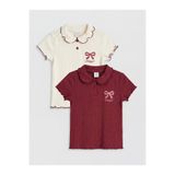 LC Waikiki LCW Kids Bordo Polo Yaka Baskılı Kız Çocuk Fitilli Tişört 2'li