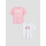 LC Waikiki Lcw Kids Pembe Bisiklet Yaka Baskılı Kız Çocuk Tişört 2'li - 10 - 11 Yaş