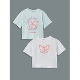 LC Waikiki Lcw Kids Yeşil Bisiklet Yaka Kız Çocuk Crop Tişört 2'li - 7 - 8 Yaş - Pastel Green
