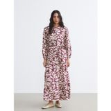 LC Waikiki LCW Modest Bordo Hakim Yaka Desenli Kuşaklı Katkat Elbise