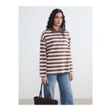 LC Waikiki LCW Modest Kahverengi Polo Yaka Çizgili Kadın Sweatshirt Tunik