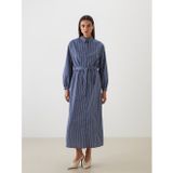 LC Waikiki LCW Modest Mavi Kuşaklı Çizgili Gömlek Elbise