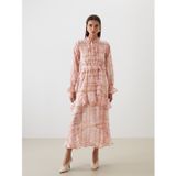 LC Waikiki LCW Modest Pembe Bağlamalı Yaka Ekose Fırfırlı Elbise