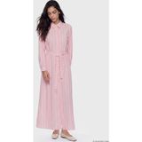 LC Waikiki LCW Modest Pembe Çizgili Kuşaklı Gömlek Elbise