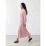 LC Waikiki LCW Modest Pembe Hakim Yaka Beli Kemerli Pileli Elbise