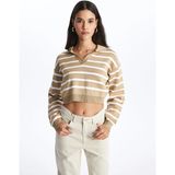 LC Waikiki Lcw Vision Bej Polo Yaka Çizgili Uzun Kollu Crop Kadın Triko Kazak - M - 113-Bej