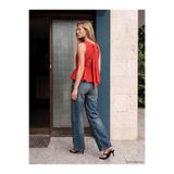 LC Waikiki LCW Vision Kırmızı Bisiklet Yaka Sırtı Bağlamalı Peplum Bluz