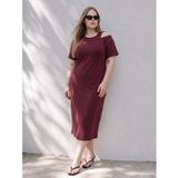 LC Waikiki LCWAIKIKI Curve Bordo Büyük Beden Omuzları Pencereli Mini Elbise