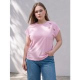LC Waikiki LCWAIKIKI Curve Pembe Büyük Beden %100 Pamuklu Nakışlı Kadın Tişört