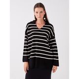 LC Waikiki Polo Yaka Çizgili Uzun Kollu Oversize Kadın Triko Kazak - Black Striped - XS - S