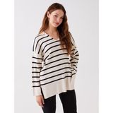 LC Waikiki Polo Yaka Çizgili Uzun Kollu Oversize Kadın Triko Kazak - Ecru Striped - XS - S