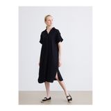 LC Waikiki Siyah Gömlek Yaka Dokulu Oversize Müslin Elbise