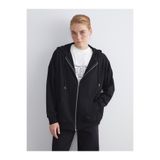 LC Waikiki Siyah Kapüşonlu Oversize Kadın Fermuarlı Sweatshirt