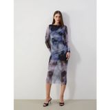 LC Waikiki Vision Lacivert Bisiklet Yaka Batik Desenli Kadın Bodycon Elbise