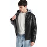 LC Waikiki Xsıde Siyah Slim Fit Kapüşonlu Erkek Deri Görünümlü Mont Orta Kalınlık ve Uzun Kollu Tasarım