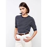 Lc Waikiki Yeni Sezon Bisiklet Yaka Çizgili Kısa Kollu Kadın Triko Kazak - Lacivert - XL