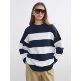 Lc Waikiki Yeni Sezon Bisiklet Yaka Çizgili Oversize Kadın Triko Kazak - Mavi - XL
