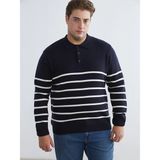 Lc Waikiki Yeni Sezon Büyük Beden Polo Yaka Çizgili Erkek Triko Kazak - Lacivert - 3XL - 4XL