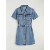 Lc Waikiki Yeni Sezon Gömlek Yaka Kısa Kollu Kız Çocuk Jean Elbise - Mavi - 7 - 8 Yaş
