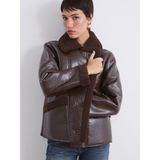 Lc Waikiki Yeni Sezon Pelüş Gömlek Yaka Kadın Deri Görünümlü Mont - 40 - Kahverengi